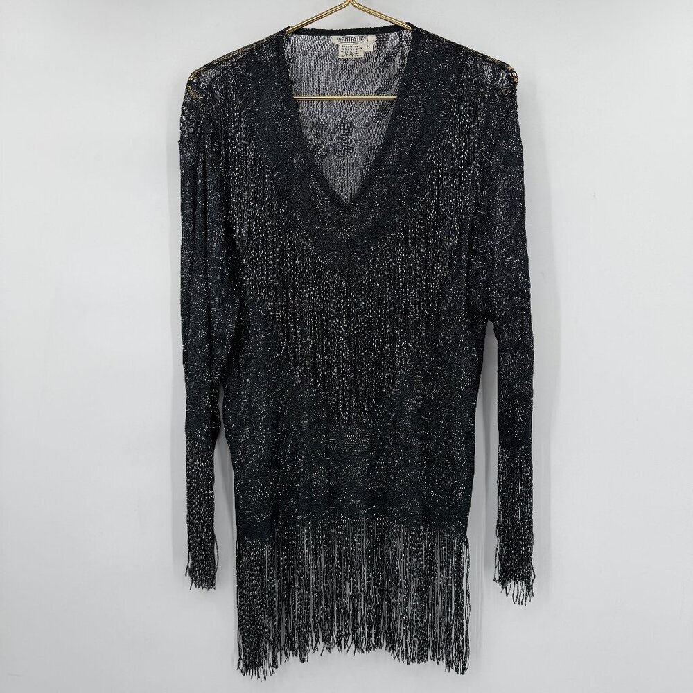 Y2K Fantastik Sheer Fringe V-Neck Boho Top – Made in Japan M